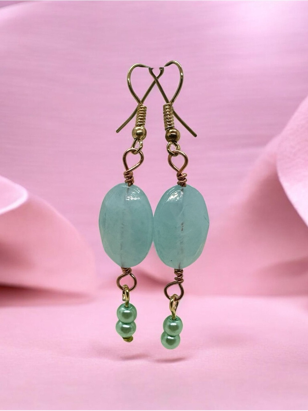Handmade Aqua Blue Beaded Dangle Earrings with Pearl Accents